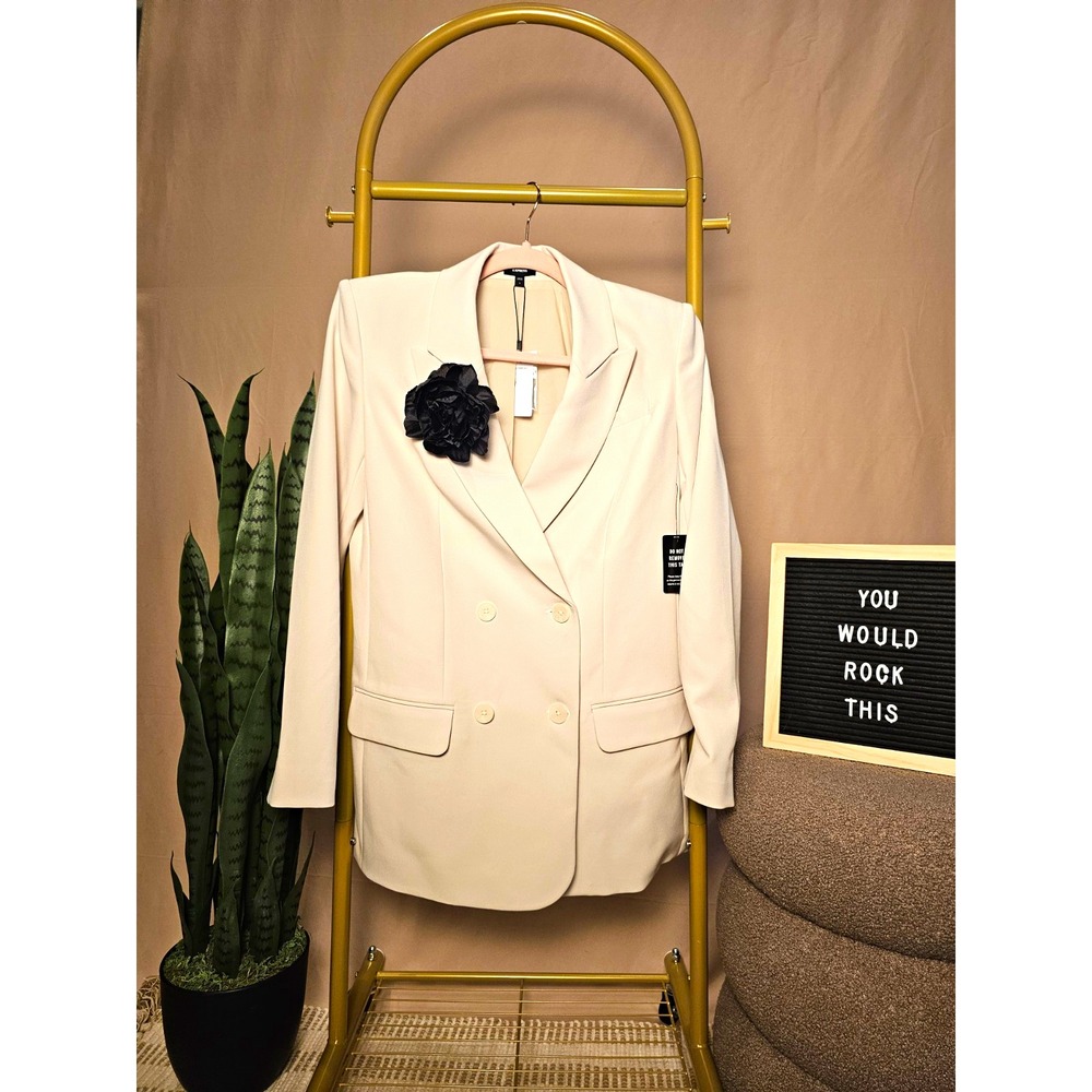 Express NWT Beige Double-Breasted Boyfriend Blazer Women's S Lined Stretch Lapel